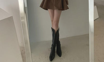 Long-Sleeve V-Neck Collared Plain Mini A-Line Dress