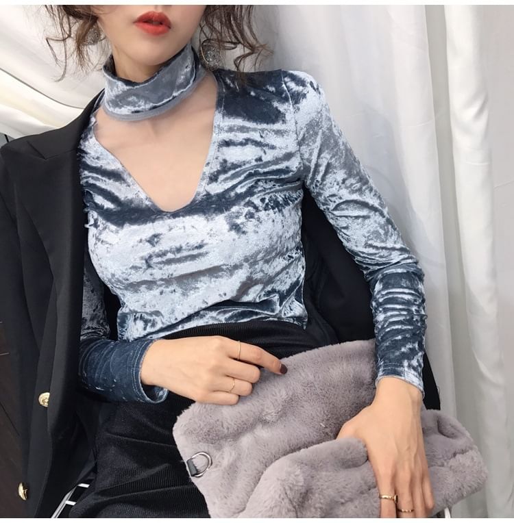 Long-Sleeve Mock Neck Mesh Panel Velvet Top