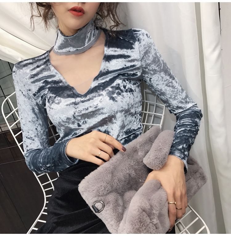 Long-Sleeve Mock Neck Mesh Panel Velvet Top