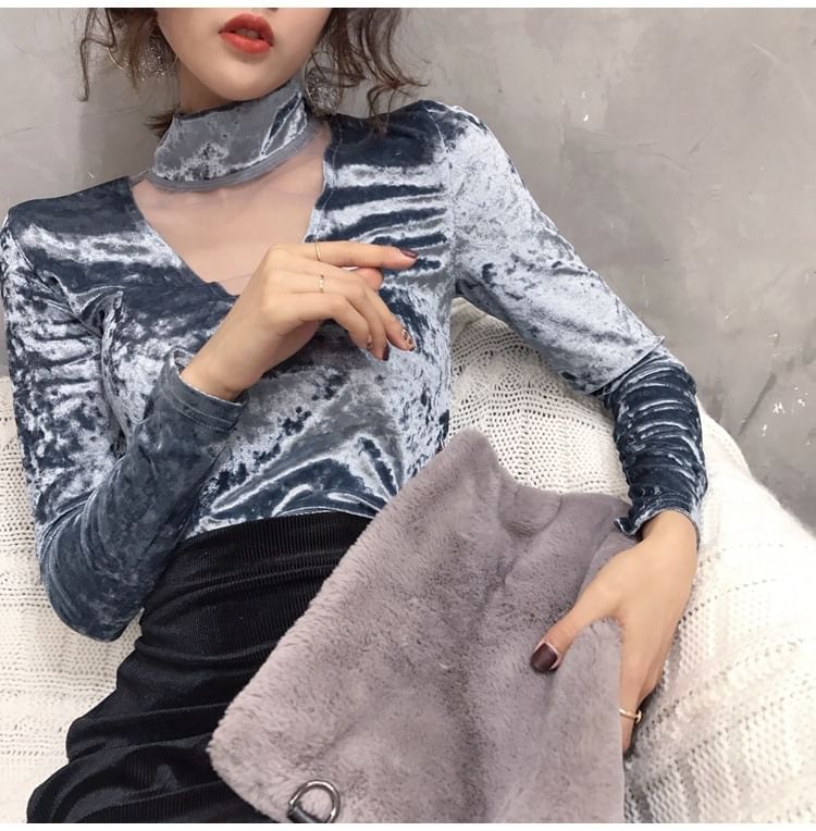 Long-Sleeve Mock Neck Mesh Panel Velvet Top