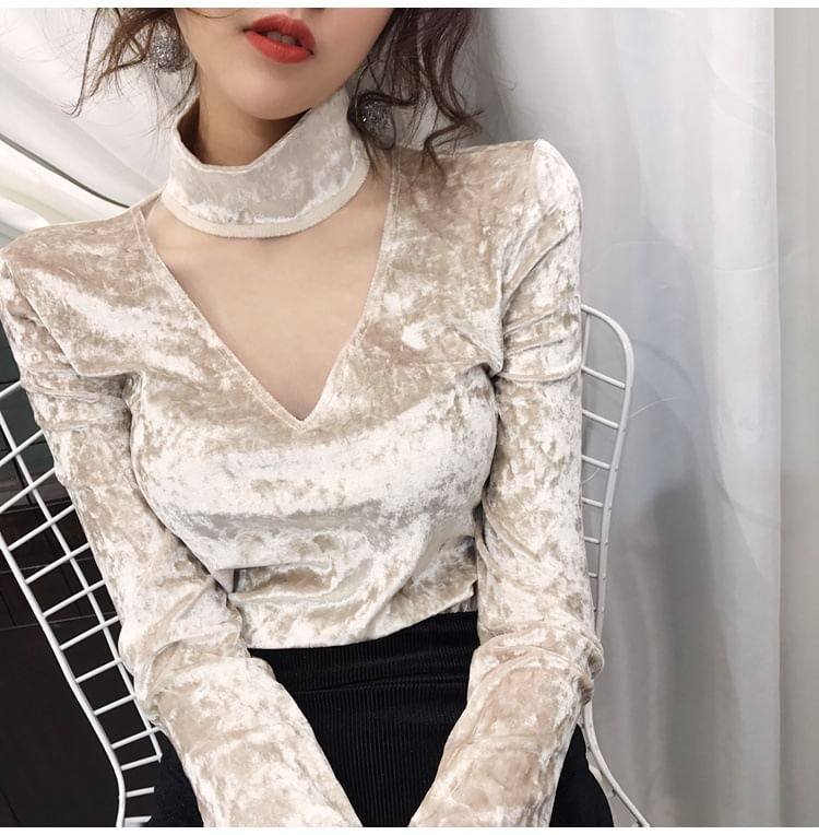 Long-Sleeve Mock Neck Mesh Panel Velvet Top
