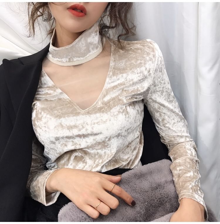 Long-Sleeve Mock Neck Mesh Panel Velvet Top