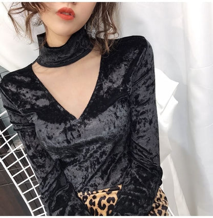 Long-Sleeve Mock Neck Mesh Panel Velvet Top