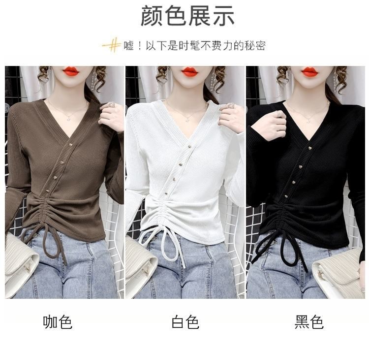 Long-Sleeve V-Neck Asymmetrical Plain Crop Top
