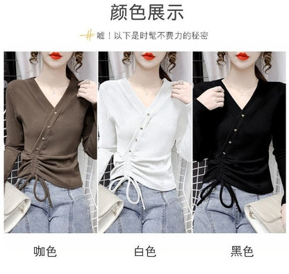 Long-Sleeve V-Neck Asymmetrical Plain Crop Top