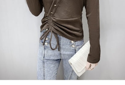 Long-Sleeve V-Neck Asymmetrical Plain Crop Top