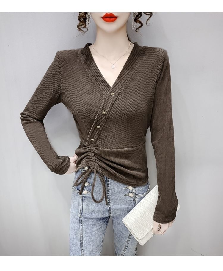 Long-Sleeve V-Neck Asymmetrical Plain Crop Top