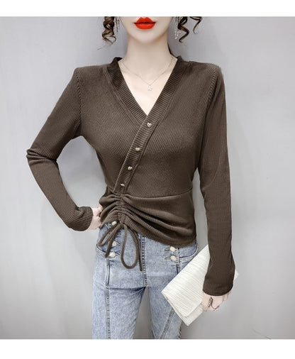 Long-Sleeve V-Neck Asymmetrical Plain Crop Top