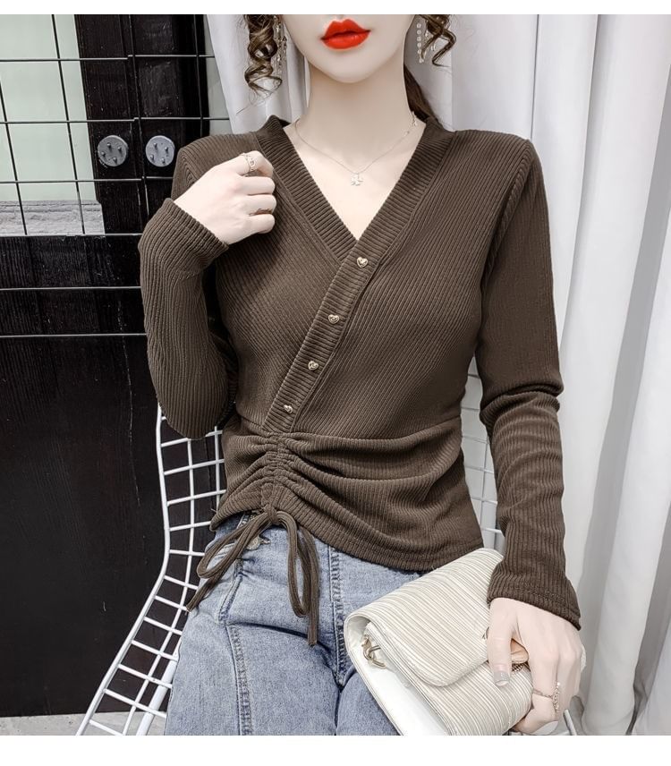 Long-Sleeve V-Neck Asymmetrical Plain Crop Top