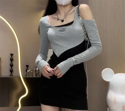 Mock Two-Piece Long-Sleeve Scoop Neck Cutout Two Tone Mini Bodycon Dress