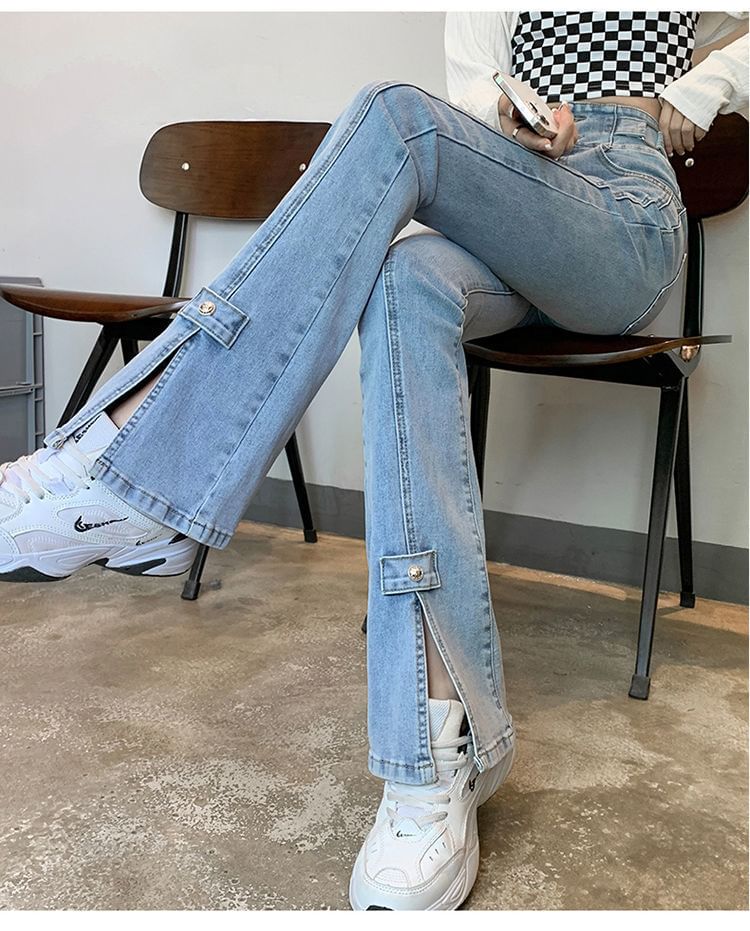 High Waist Slit Hem Flared Jeans