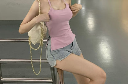 Scoop Neck Plain Side-Slit Slim Fit Halter Top