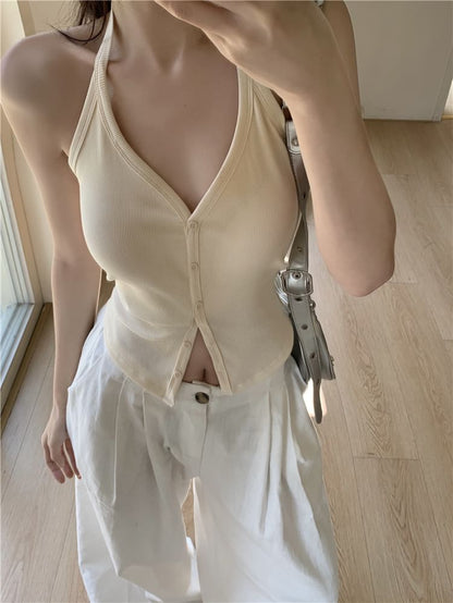 V-Neck Plain Button-Up Halter Top