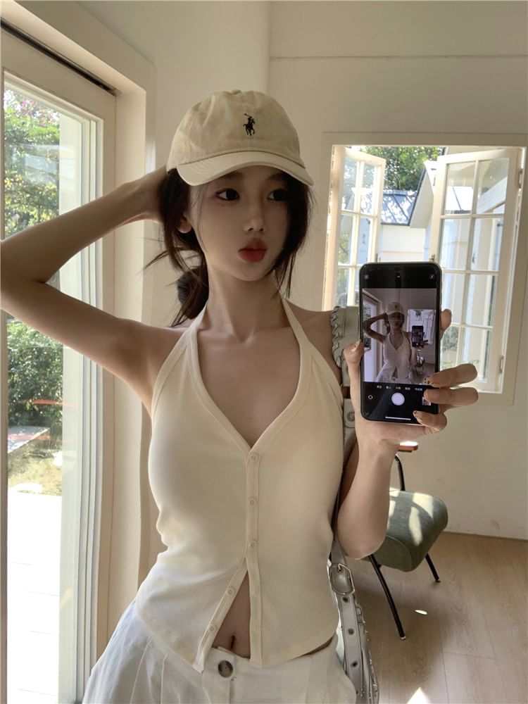 V-Neck Plain Button-Up Halter Top