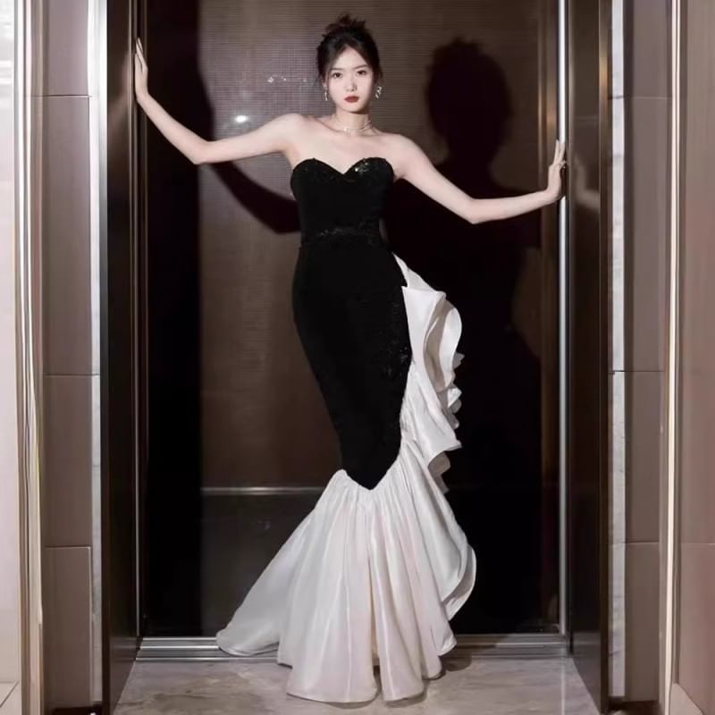 Strapless Two Tone Ruffle Asymmetrical Mermaid Evening Gown