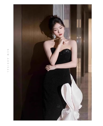Strapless Two Tone Ruffle Asymmetrical Mermaid Evening Gown
