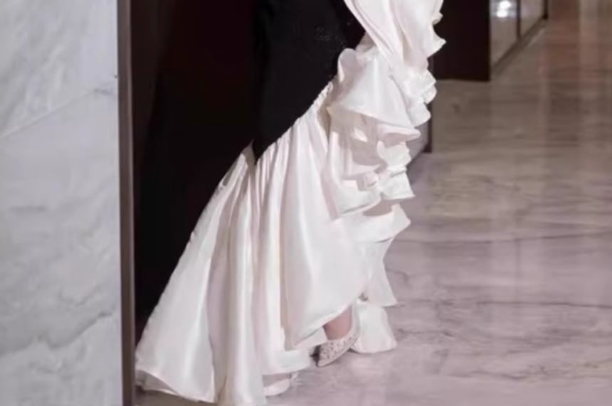 Strapless Two Tone Ruffle Asymmetrical Mermaid Evening Gown