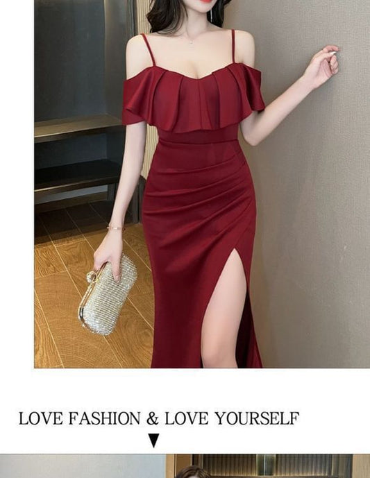 Cold-Shoulder Plain Side-Slit Mermaid Evening Dress