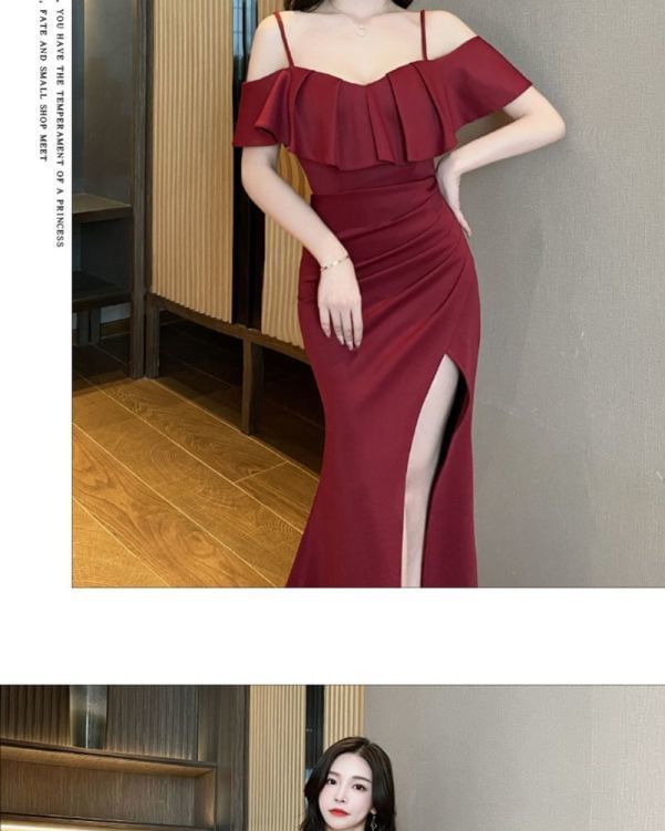 Cold-Shoulder Plain Side-Slit Mermaid Evening Dress