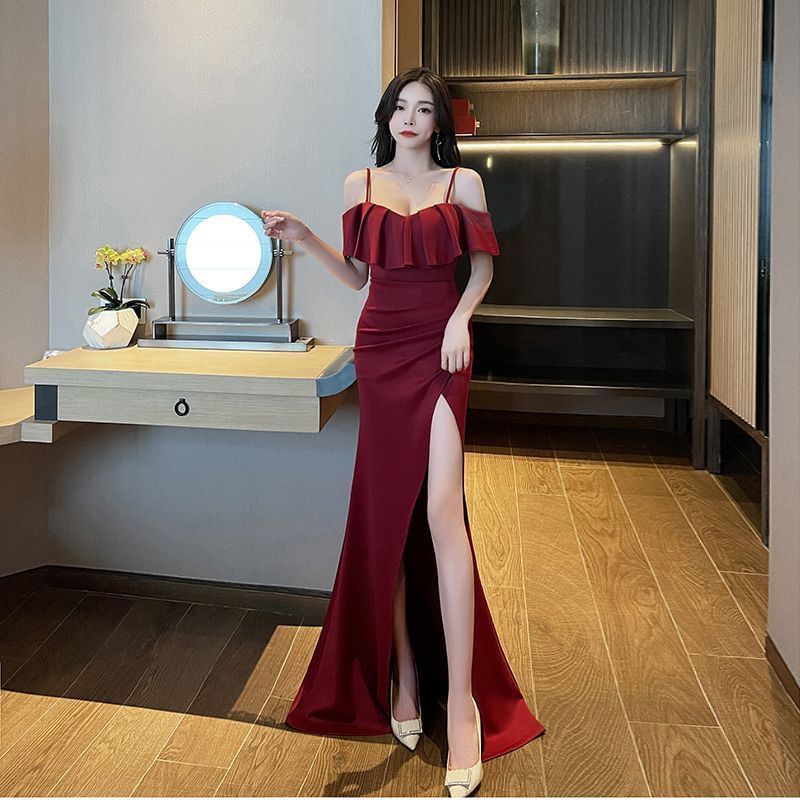 Cold-Shoulder Plain Side-Slit Mermaid Evening Dress
