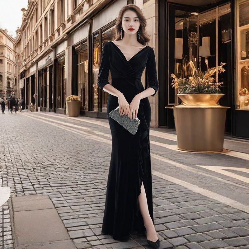 Elbow-Sleeve V-Neck Plain Ruffle Side-Slit Mermaid Evening Dress