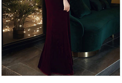Elbow-Sleeve V-Neck Plain Ruffle Side-Slit Mermaid Evening Dress
