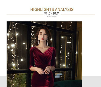 Elbow-Sleeve V-Neck Plain Ruffle Side-Slit Mermaid Evening Dress
