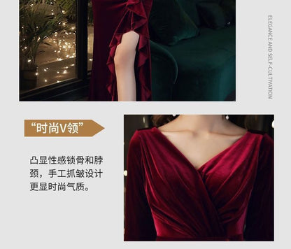 Elbow-Sleeve V-Neck Plain Ruffle Side-Slit Mermaid Evening Dress