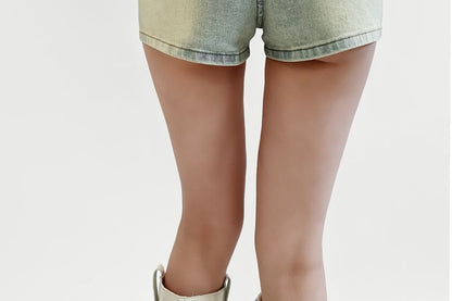 High Waist Washed Denim Hot Pants