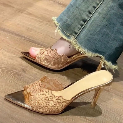 Floral Embroidered Pointy Stiletto Heel Slide Sandals