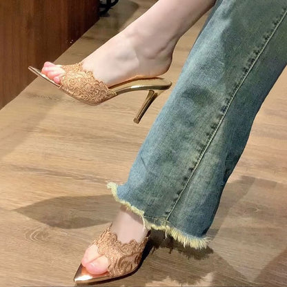 Floral Embroidered Pointy Stiletto Heel Slide Sandals