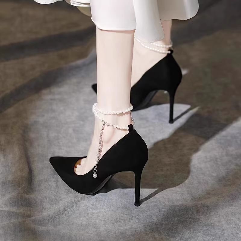 Pointy Faux Pearl Strap Stiletto Heel Pumps