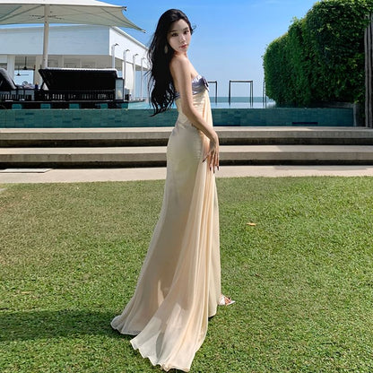 Strapless Two Tone Bow Accent Mermaid Evening Gown