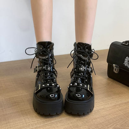 Platform Buckled Studded Patent Leather Lace Up Boots
