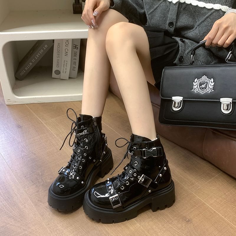 Platform Buckled Studded Patent Leather Lace Up Boots