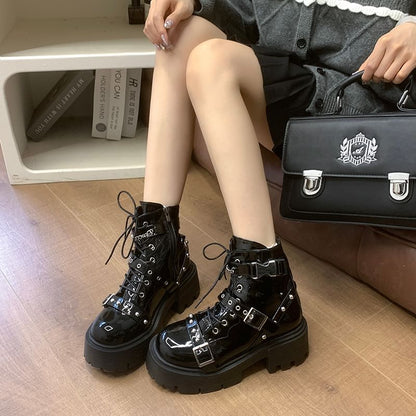 Platform Buckled Studded Patent Leather Lace Up Boots