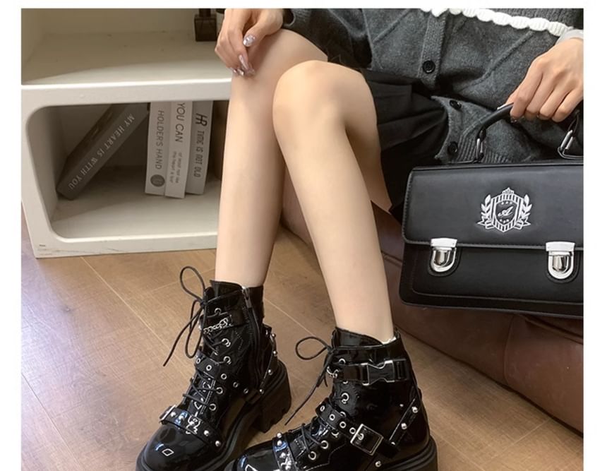 Platform Buckled Studded Patent Leather Lace Up Boots