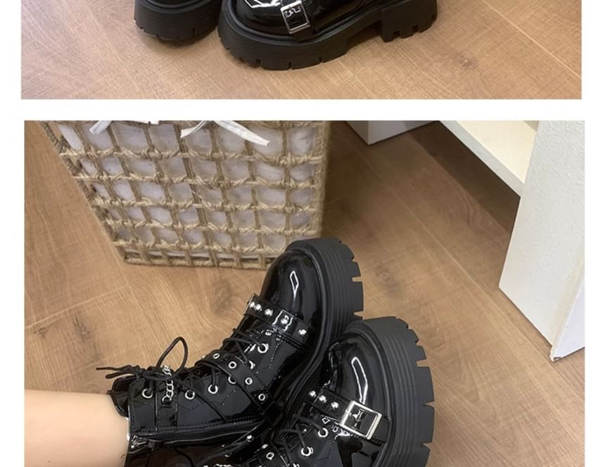 Platform Buckled Studded Patent Leather Lace Up Boots