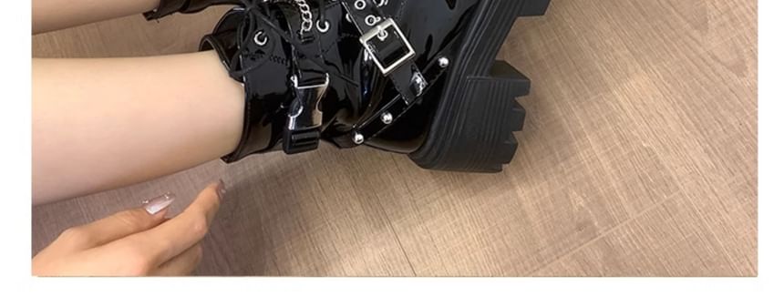 Platform Buckled Studded Patent Leather Lace Up Boots