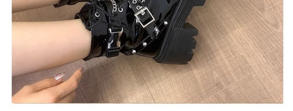 Platform Buckled Studded Patent Leather Lace Up Boots