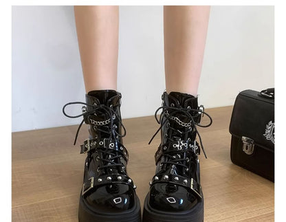 Platform Buckled Studded Patent Leather Lace Up Boots