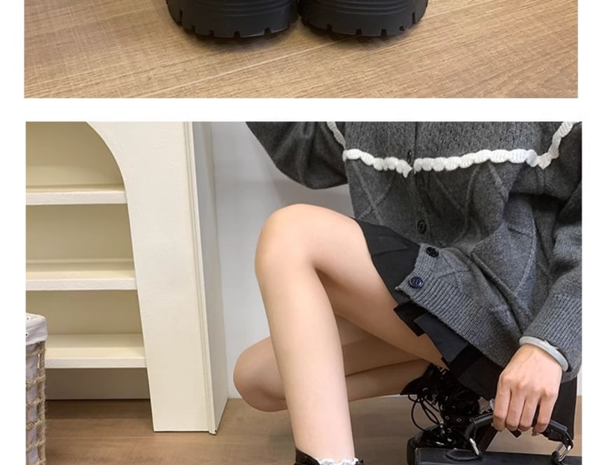 Platform Buckled Studded Patent Leather Lace Up Boots