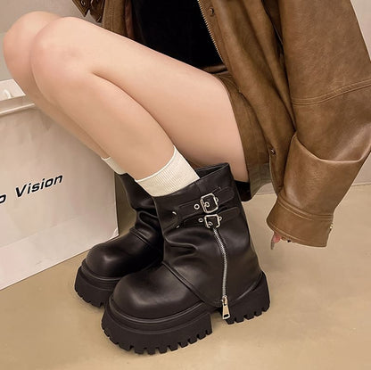 Platform Buckled Zip Panel Short Boots