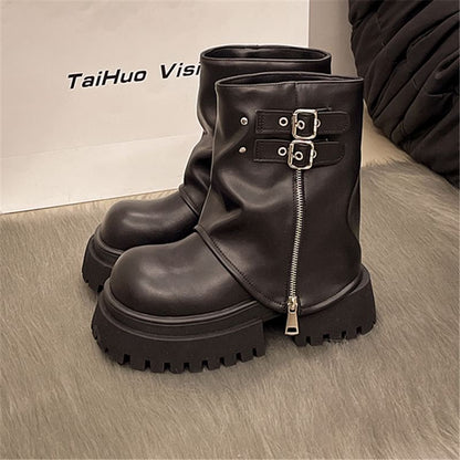 Platform Buckled Zip Panel Short Boots