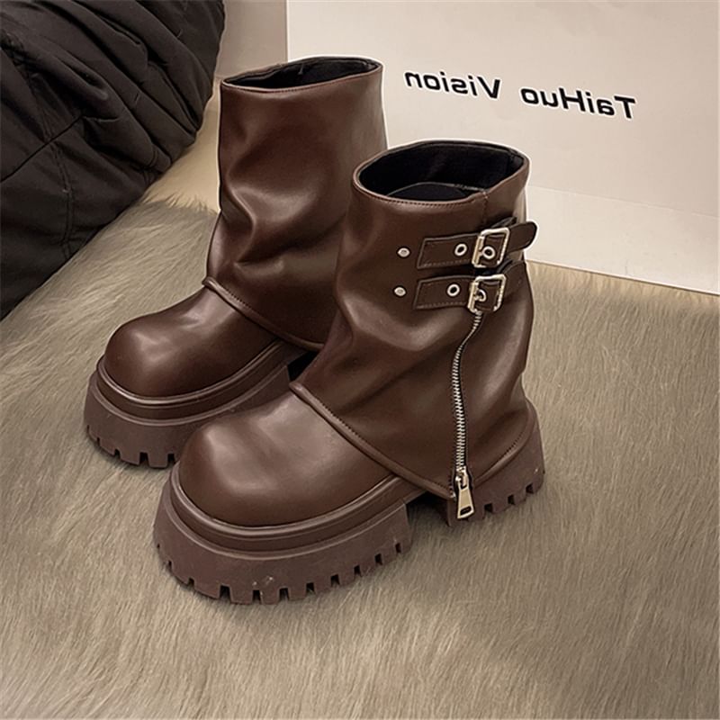 Platform Buckled Zip Panel Short Boots