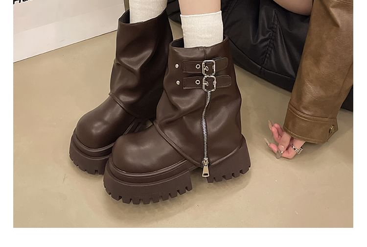 Platform Buckled Zip Panel Short Boots