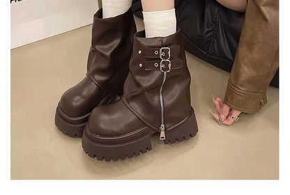 Platform Buckled Zip Panel Short Boots