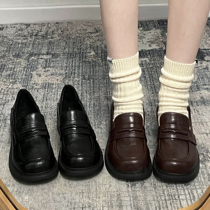 Faux Leather Block Heel Loafers