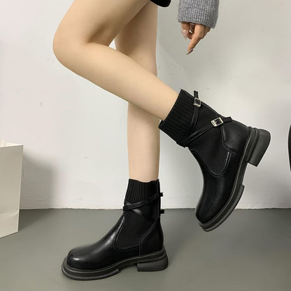 Platform Buckled Panel Knit Short Boots