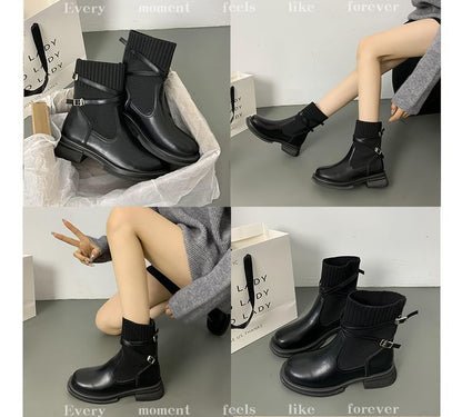 Platform Buckled Panel Knit Short Boots